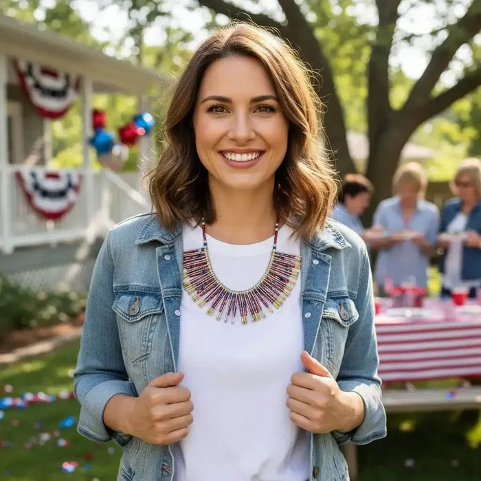 Handmade Beaded Swarovski Crystal Zig Zag Bib Choker Necklace worn by a woman in a casual outdoor setting.
