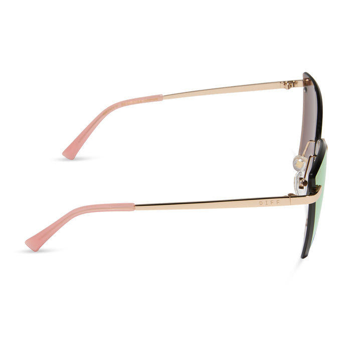 diff eyewear featuring the becky v cat eye sunglasses with a gold frame and peach mirror lenses side view