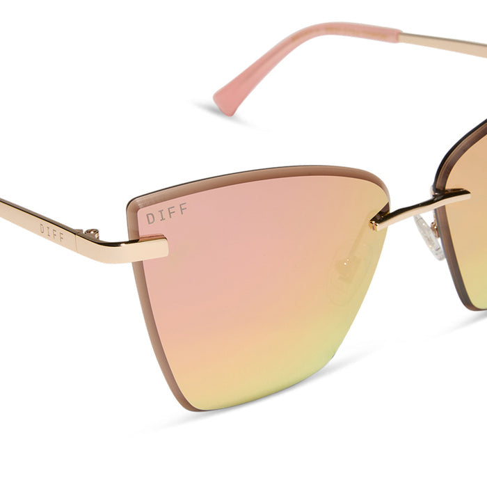 diff eyewear featuring the becky v cat eye sunglasses with a gold frame and peach mirror lenses detailed view