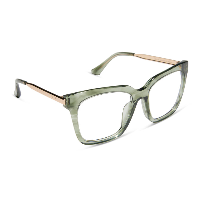 diff eyewear featuring the bella square prescription glasses with a cool matcha green frame angled view
