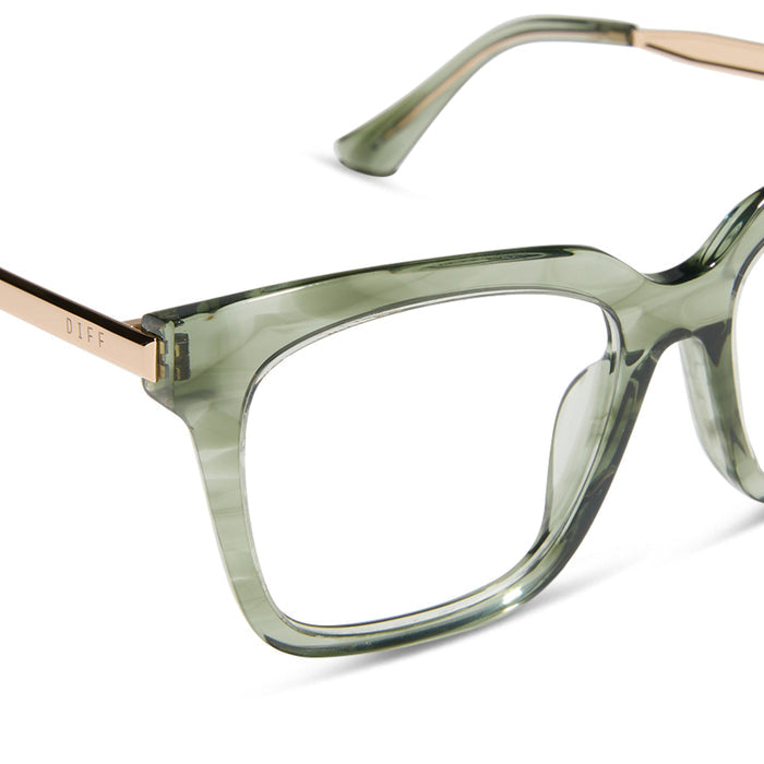 diff eyewear featuring the bella square prescription glasses with a cool matcha green frame detailed view