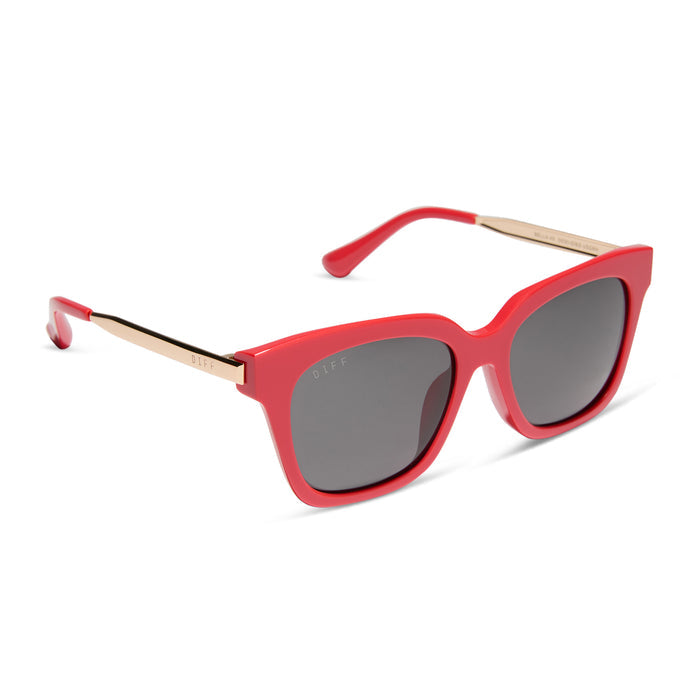 diff eyewear featuring the bella xs square sunglasses with a sunset bright coral frame and grey lenses angled view