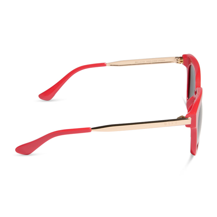 diff eyewear featuring the bella xs square sunglasses with a sunset bright coral frame and grey lenses side view