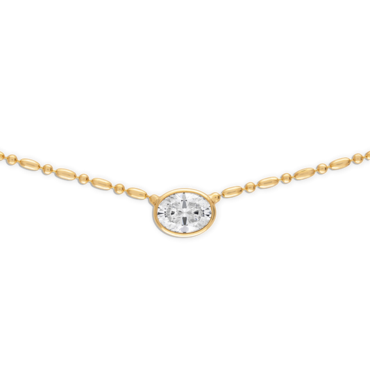 Bezel Oval Floating Necklace - 14k vermeil bezel set oval lab gemstone on bar and ball chain