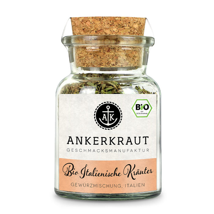 Italienische Kräuter BIO von Ankerkraut im Korkenglas auf weißem Hintergrund.
