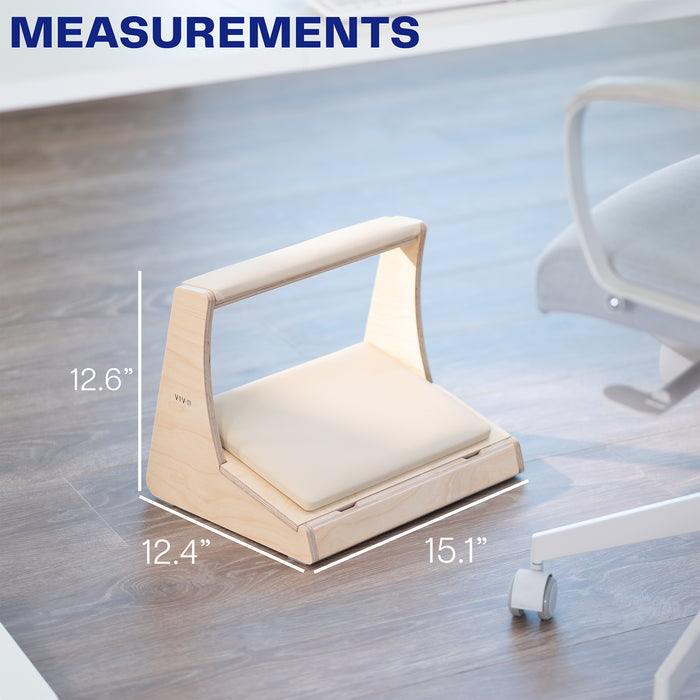 Measurement chart of a wooden footrest on a wooden floor with dimensions displayed.