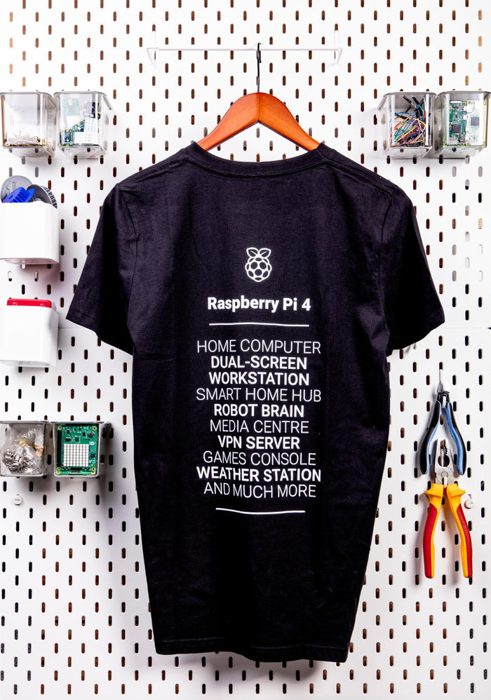 Black Raspberry Pi "Pi 4" T-shirt (Adult Size) [Discontinued] by Raspberry Pi - The Pi Hut