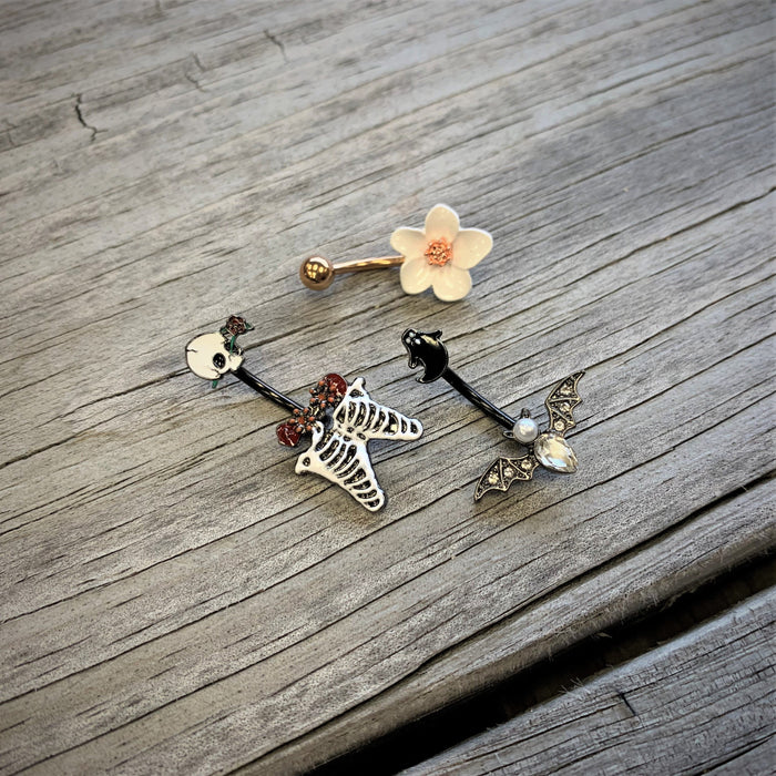 Black Skeleton Skull Rose Halloween Double Mount Belly Ring