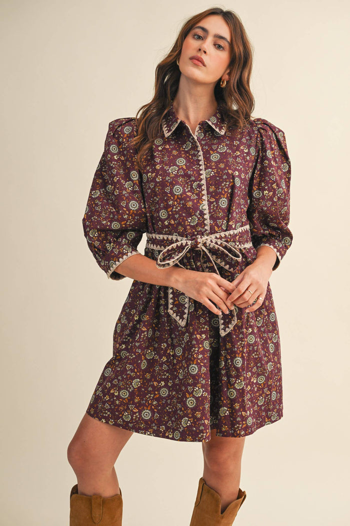 BLANKET STITCH PUFF SLEEVE FLORAL MINI DRESS MDR4173: Plum Multi Floral / L