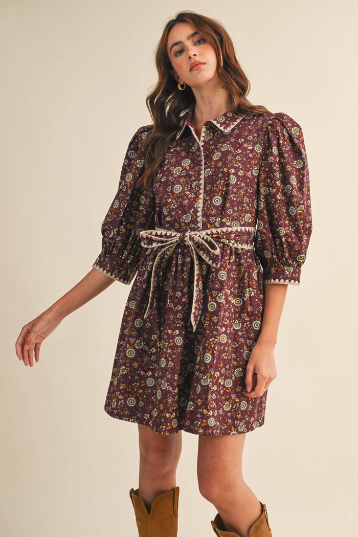 BLANKET STITCH PUFF SLEEVE FLORAL MINI DRESS MDR4173: Plum Multi Floral / L