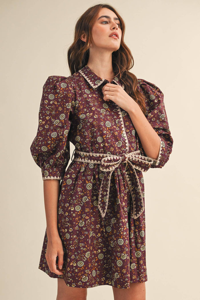 BLANKET STITCH PUFF SLEEVE FLORAL MINI DRESS MDR4173: Plum Multi Floral / L