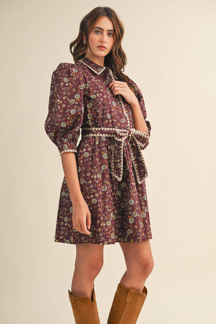 BLANKET STITCH PUFF SLEEVE FLORAL MINI DRESS MDR4173: Plum Multi Floral / L