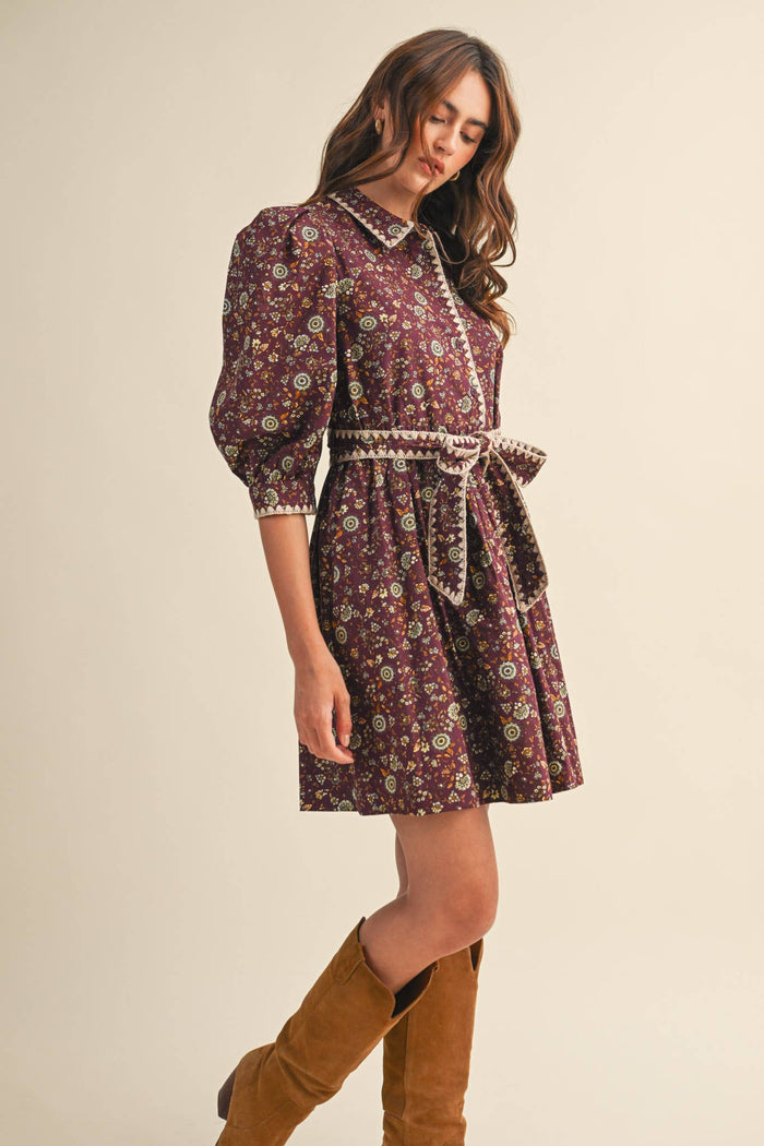 BLANKET STITCH PUFF SLEEVE FLORAL MINI DRESS MDR4173: Plum Multi Floral / L