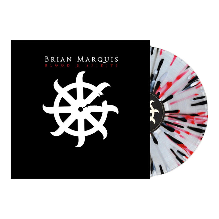 A clear vinyl record with black and red splatters and a black center label is partially in a sleeve. The black sleeve features "Brian Marquis Blood & Spirits" on top with a white symbol below. Limited pressing from Brian Marquis.