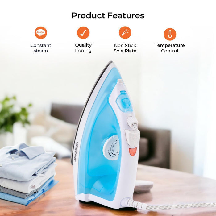 Blue 1600W Steam Iron with Non-Stick Soleplate and Adjustable Temperature