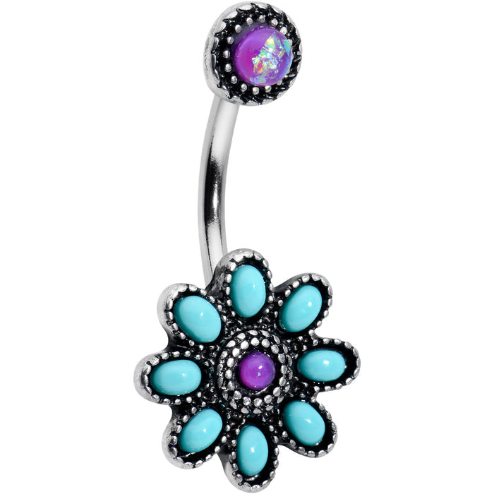 Blue Faux Opal Flower Teal Petals Double Mount Belly Ring