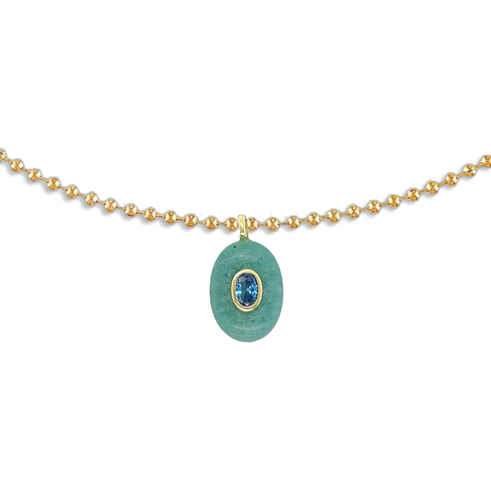 Blue Lagoon Necklace - turquoise amazonite oval pendant on gold ball chain