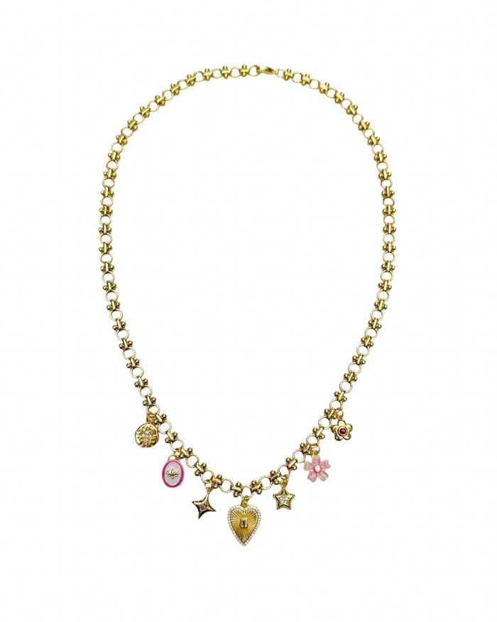 Trendy gold plated charm necklace with pink charms for statement look