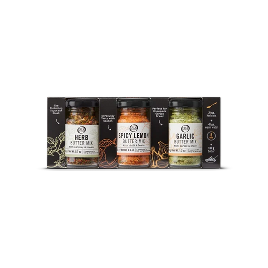 Set of three spice jars with labels on a white background