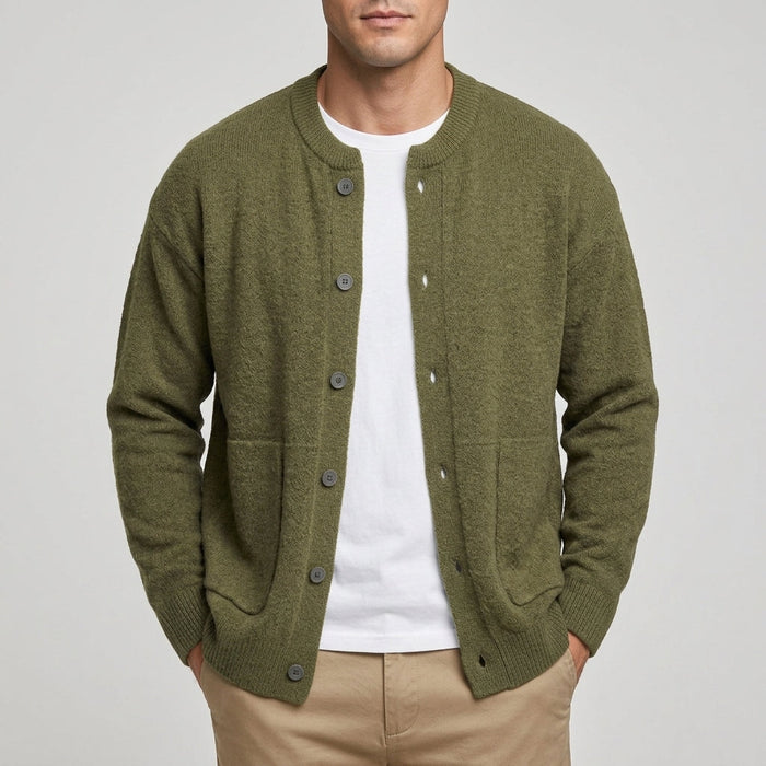 Close-up of the cardigan's knit texture and button front