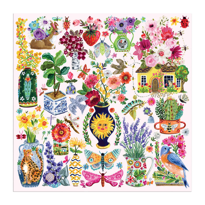 A vibrant illustration by August Wren for the Buzzy Bouquets 500 Piece Puzzle by Jennifer O Lewis features painted flowers in patterned vases, a house with a floral roof, butterflies, a bird, and a snail surrounded by whimsical plants.