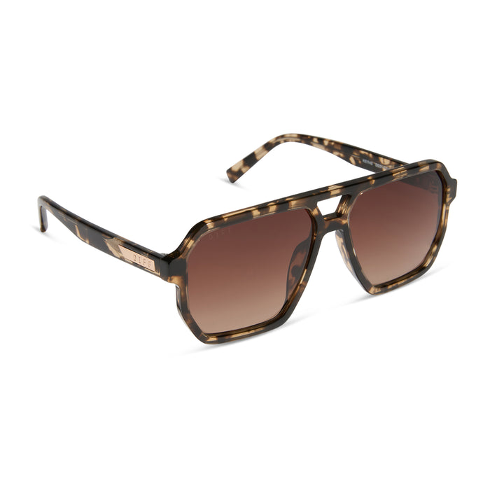 diff eyewear featuring the cameron navigator sunglasses with a espresso tortoise frame and brown gradient polarized lenses angled view