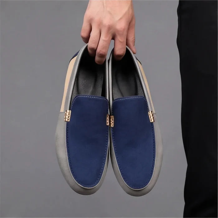 Close-up of the textured canvas upper on loafers