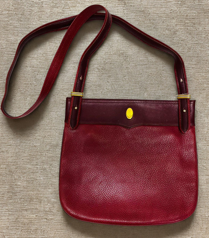 CARTIER Must Line Shoulder Bag Leather Bordeaux Gold Auth BA3142 Golden Dark red