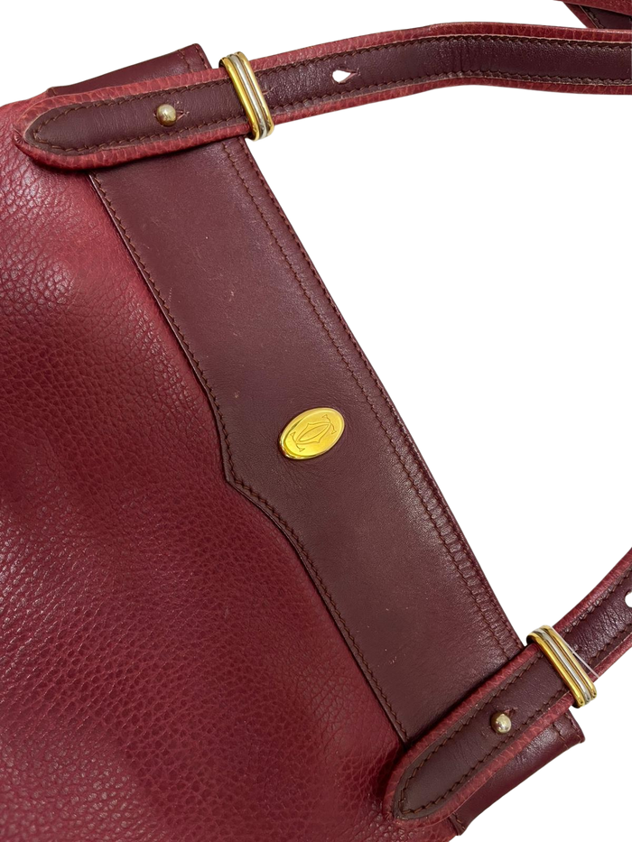 CARTIER Must Line Shoulder Bag Leather Bordeaux Gold Auth BA3142 Golden Dark red