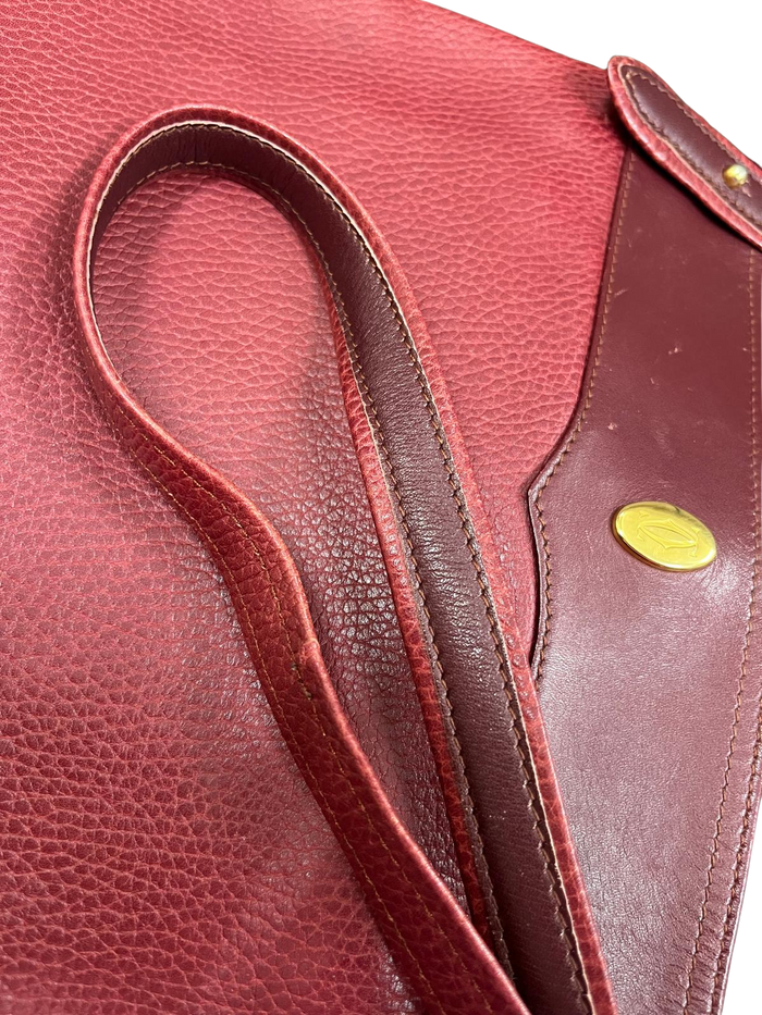 CARTIER Must Line Shoulder Bag Leather Bordeaux Gold Auth BA3142 Golden Dark red