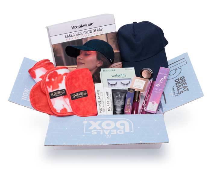 Unopened box of beauty products with a 'Great Deals' label on a white background