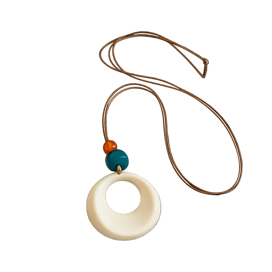 Cleo Dune Necklace - leather cord necklace with beads and round pendant