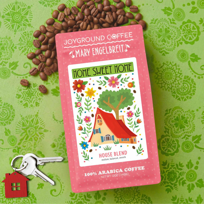 Mary Engelbreit Joyground Coffee Home Sweet Home House Blend Medium Roast flat lay
