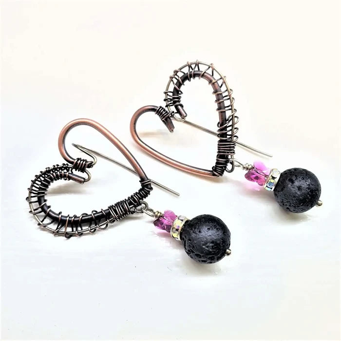 Copper Sculpted Heart Hoop Crystal Lava Rock Earrings with pink beads and black lava rocks.