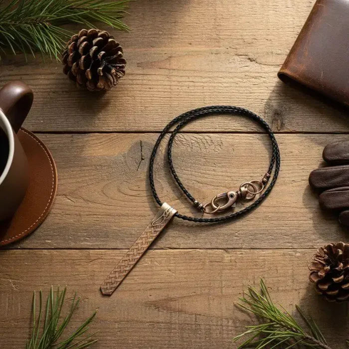Copper Weave Embossed Necktie Necklace displayed on a rustic wooden table with pinecones and a cup of coffee.