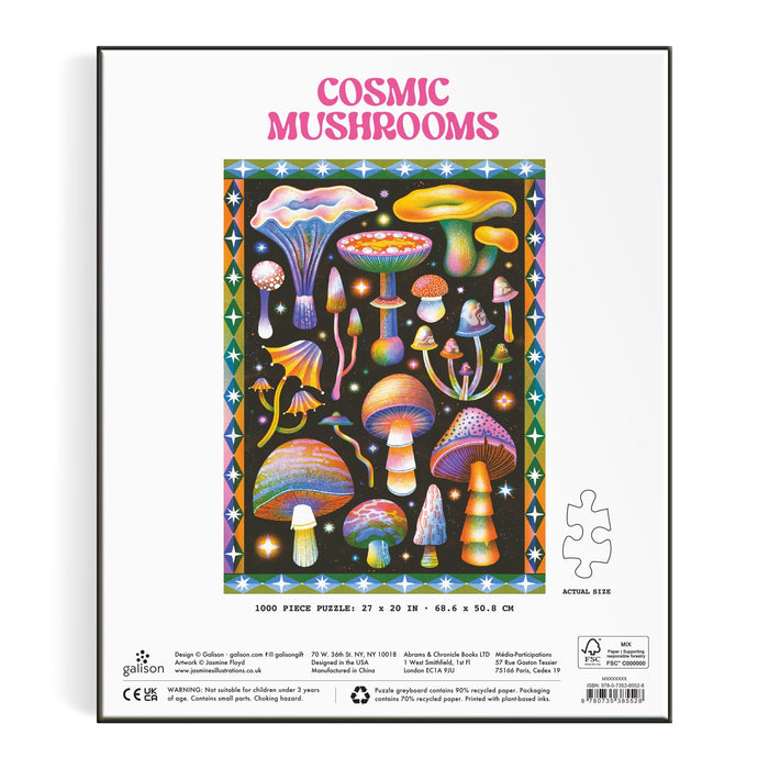 The Cosmic Mushrooms 1000 Piece Puzzle by Jasmine Floyd features vibrant, illustrated mushrooms of all shapes on a black background with a bold geometric border—a mycology-inspired treat for puzzle lovers.