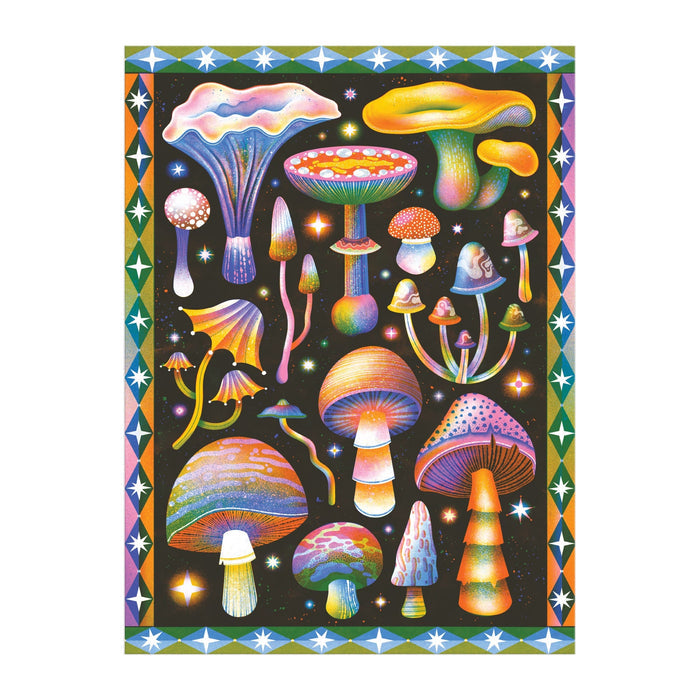The Cosmic Mushrooms 1000 Piece Puzzle by Jasmine Floyd features vibrant psychedelic mushrooms on a dark starry background, framed by a geometric border with blue, green, and orange diamonds and stars.