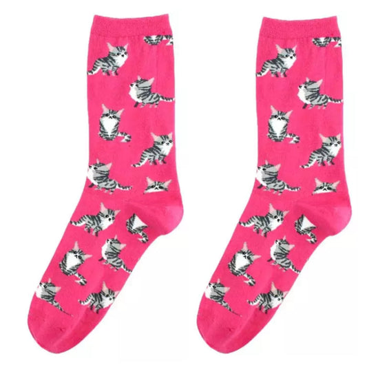 Crew Socks: Tabby Cat ~ Hot Pink