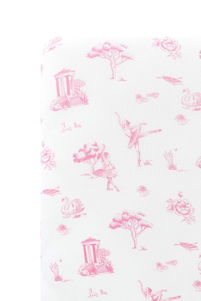Close up of the Crib Sheet in Toile Ballet on a mattress