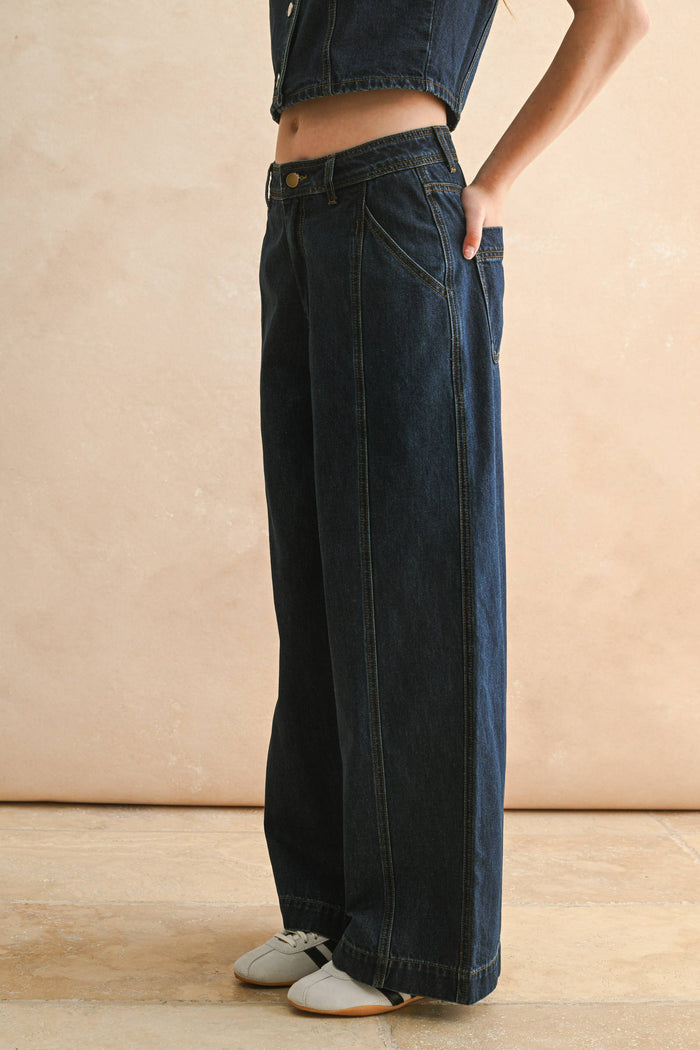 DARK DENIM WIDE LEG PANTS: DENIM / L