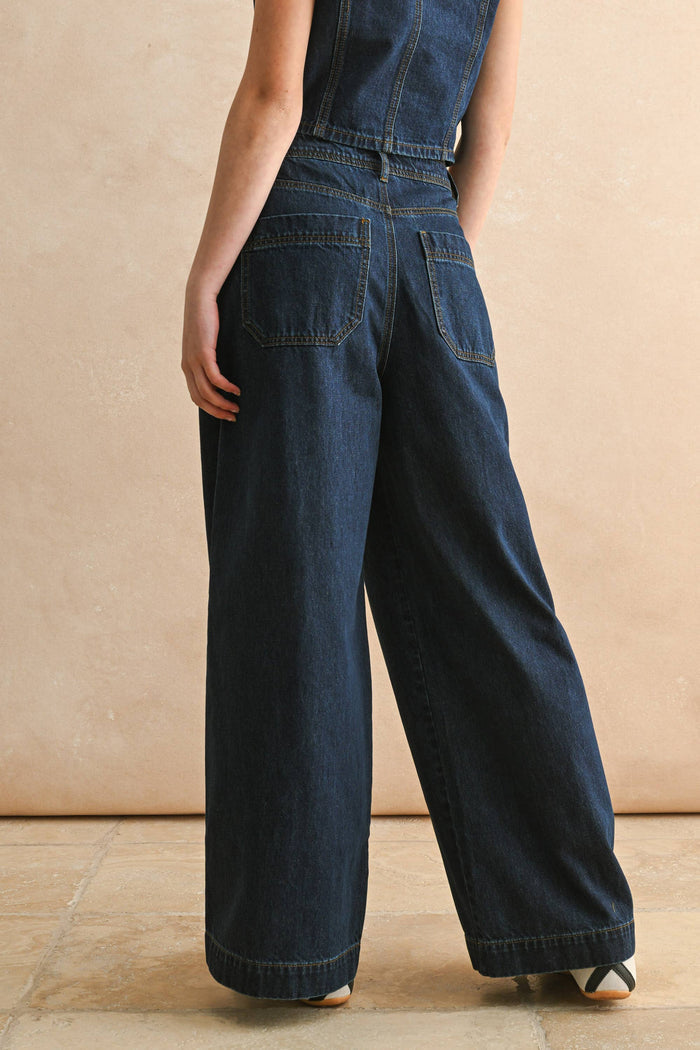 DARK DENIM WIDE LEG PANTS: DENIM / L