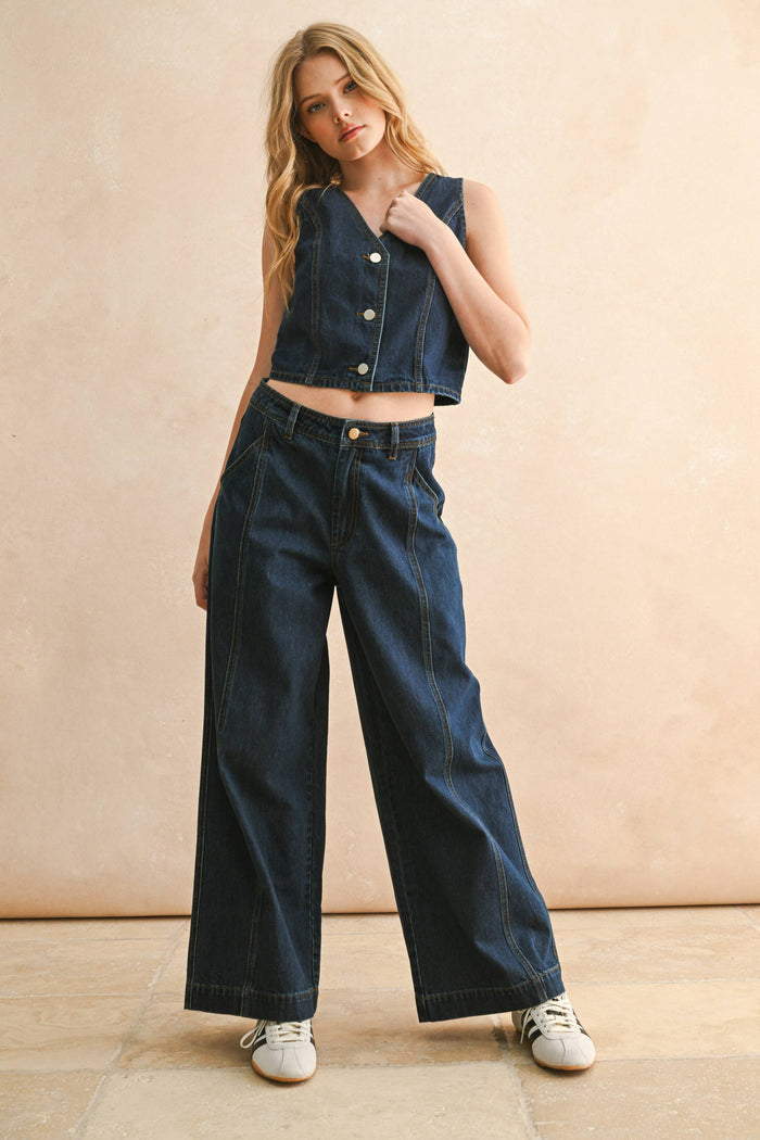 DARK DENIM WIDE LEG PANTS: DENIM / L