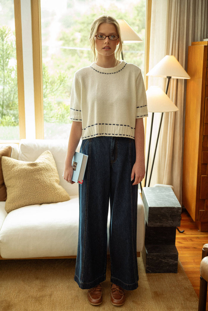 DARK DENIM WIDE LEG PANTS: DENIM / L