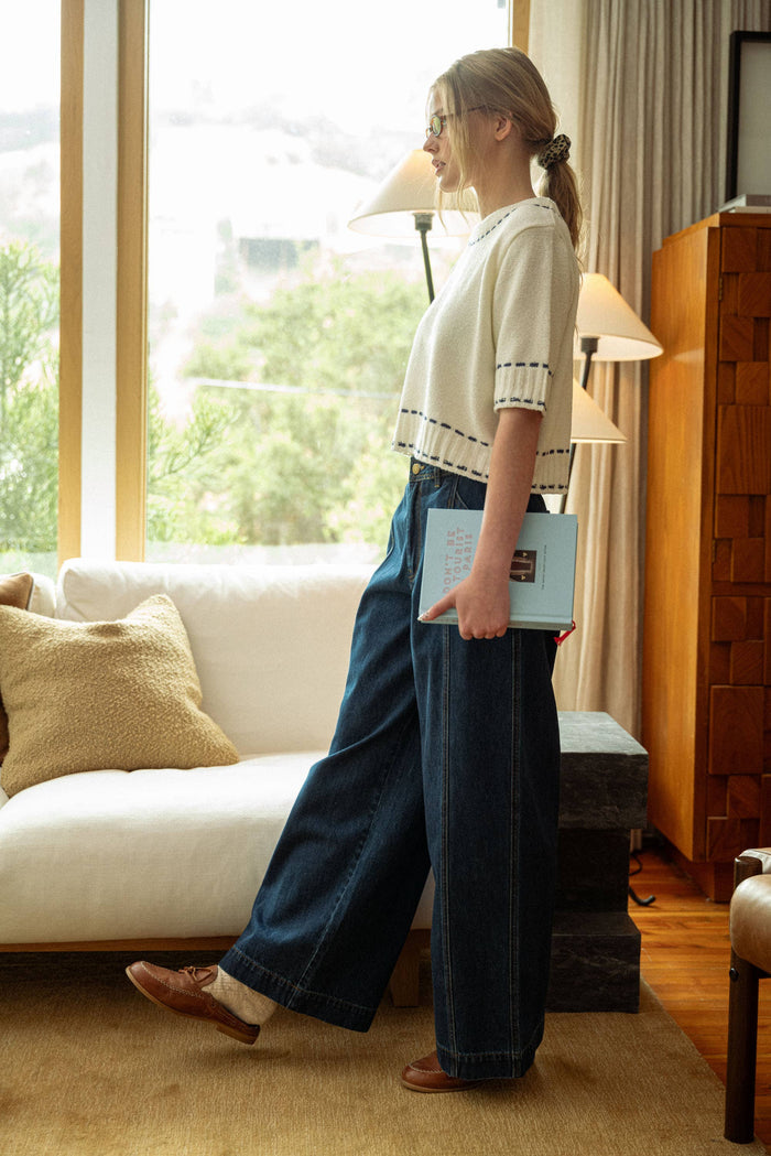 DARK DENIM WIDE LEG PANTS: DENIM / L