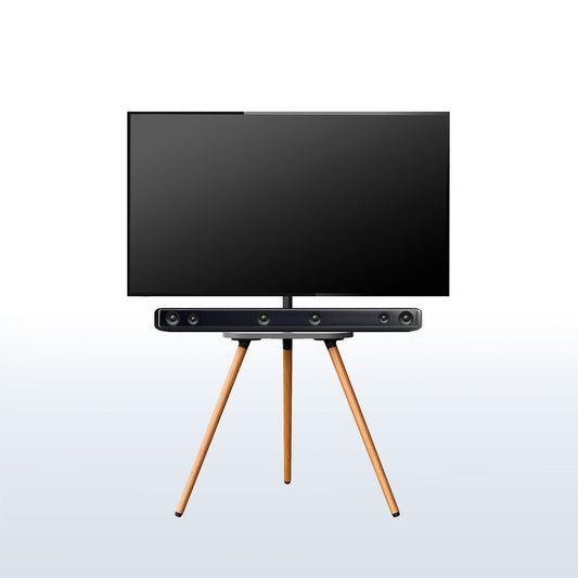 Smart TV on a wooden stand with soundbar.