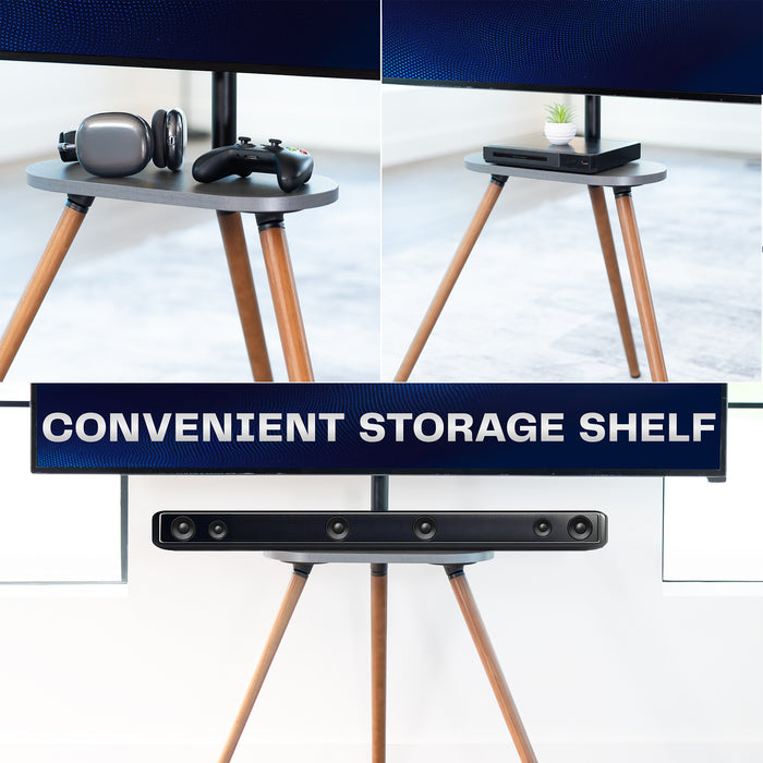 Convenient storage shelf with gaming accessories under a TV