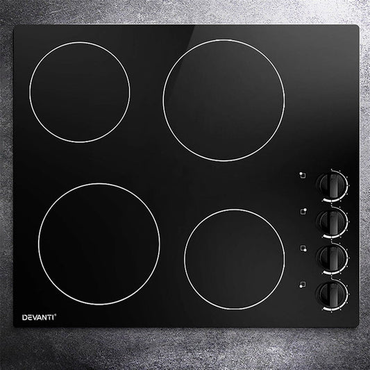 Devanti Ceramic Cooktop 60cm Electric Kitchen Burner Cooker 4 Zone Knobs Control -Home Living Store - -