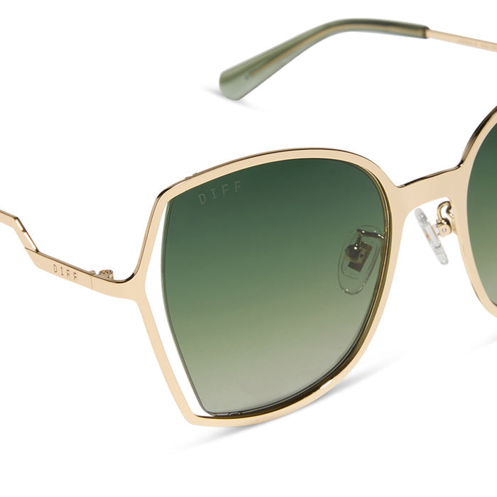 diff eyewear featuring the donna iii square sunglasses with a gold frame and cool matcha gradient polarized lenses detailed view