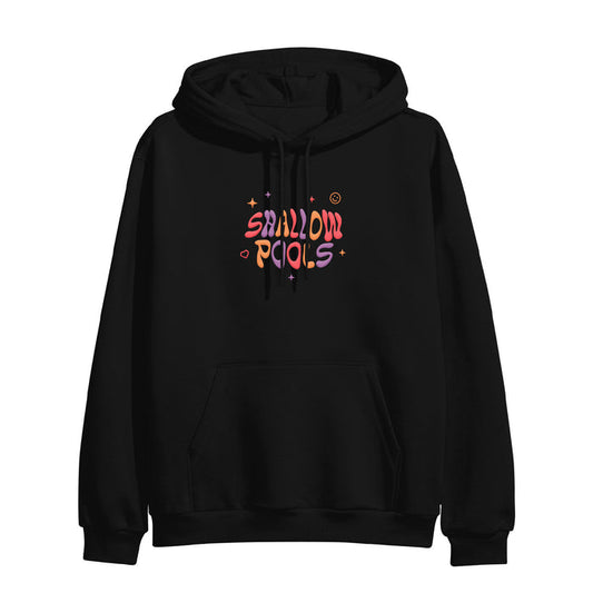 Shallow Pools Black Doodle Pullover Hoodie. center chest of the hoodie has the text "Shallow Pools" in fun bubble letters with some stars around it, the colors of the letters alternate between red, purple and orange.