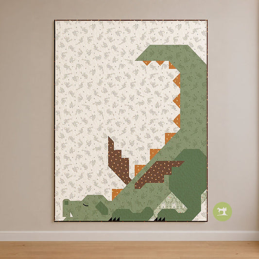 Framed dinosaur artwork on a wall with a patterned background